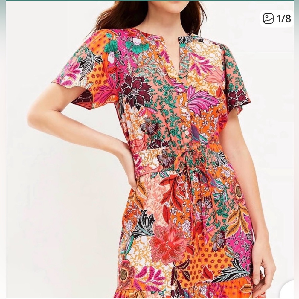 Loft Floral Patchwork Flutter Short Sleeve Dress … - image 3